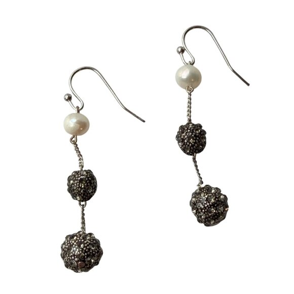 Vtg 1990s Chico’s Pearl Chain Drop Earrings Sparkle Textured Metal Ball Accents - Picture 5 of 10